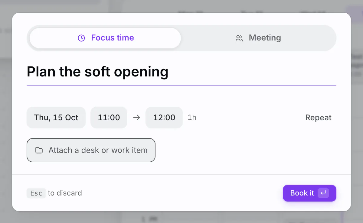 Booking a block by dragging on the calendar