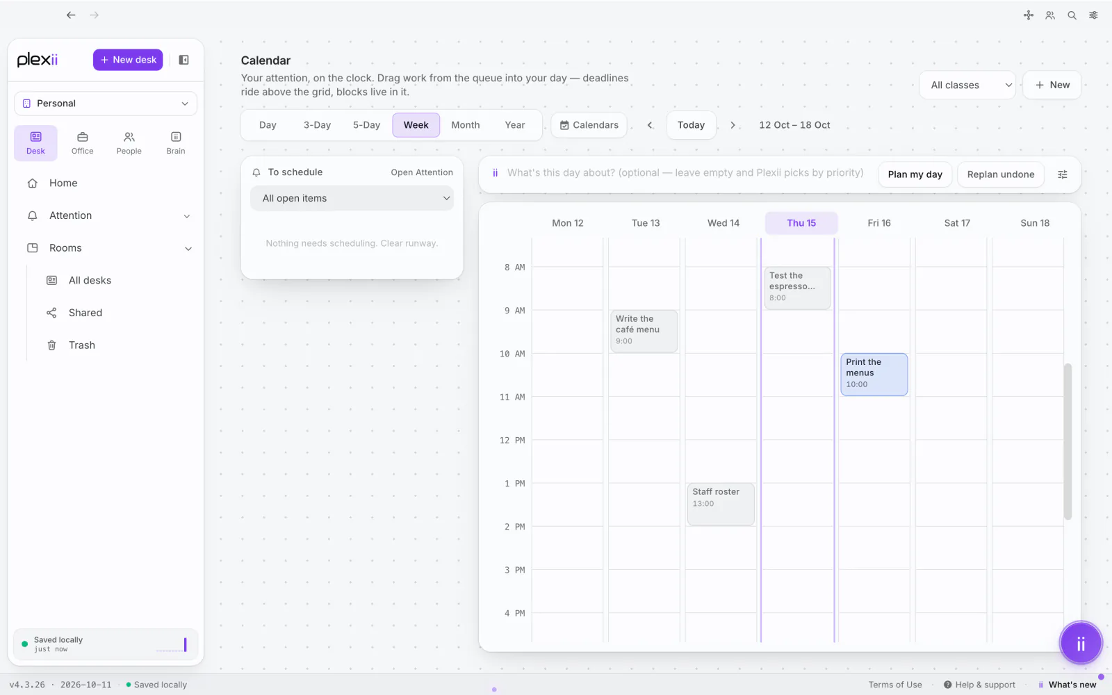 The Plexii calendar, with blocks and meetings on one grid