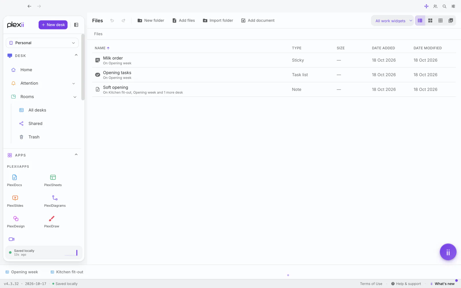 Files showing All work widgets: Milk order and Opening tasks on Opening week, and Soft opening on Kitchen fit-out, Opening week and 1 more desk, with their types Sticky, Task list and Note