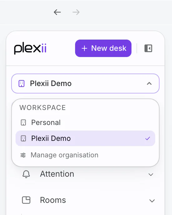 The workspace switcher open, with Personal and an organisation called Plexii Demo listed under Workspace, a tick beside Plexii Demo and Manage organisation at the bottom