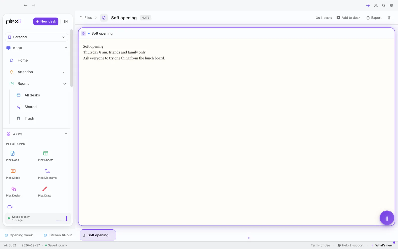 A note work widget file named Soft opening open full-pane, with Files, its name, the type Note, On 3 desks, Add to desk, Export and the bin in the header