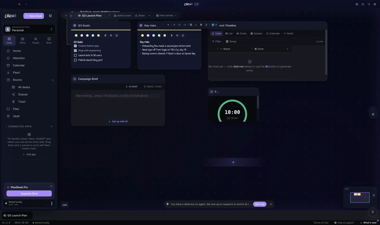 A Plexii desk: sticky checklists, a table with six views, a campaign brief with AI draft and a focus timer, side by side