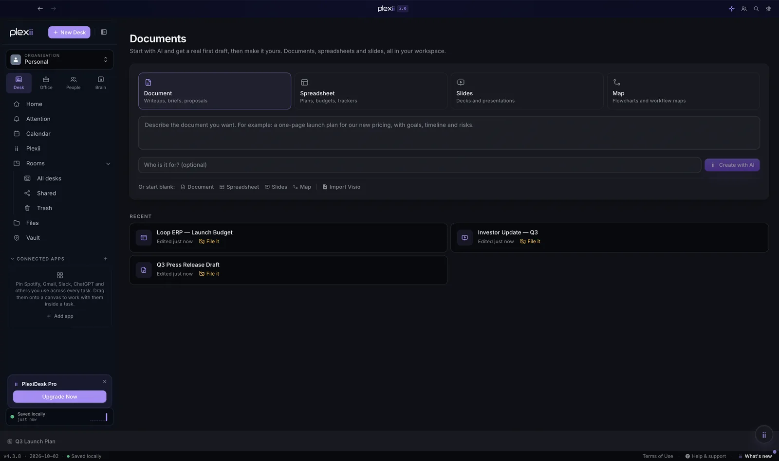Documents: describe what you want and create a document, spreadsheet, slides or map with AI