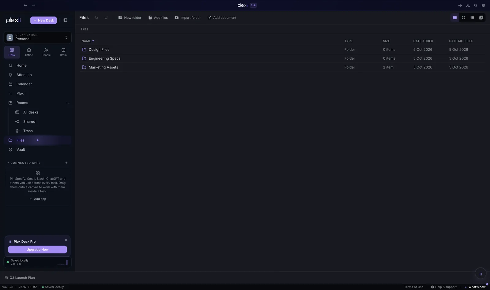 The Files view with folders, types, sizes and dates
