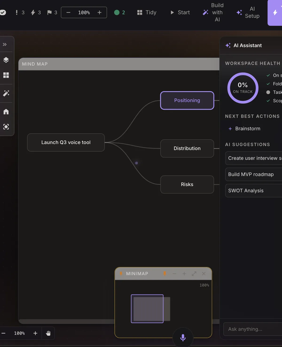 Mind map widget branching from a central idea