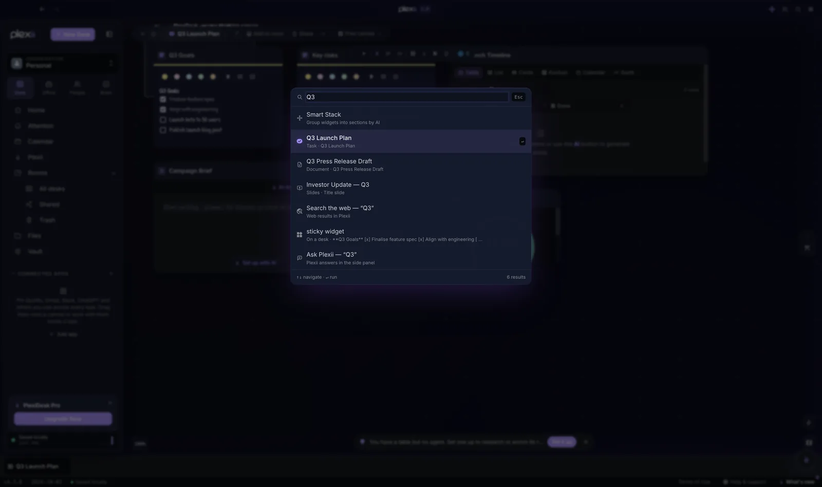 The command palette finding desks, documents, slides and widgets, with web search and Ask Plexii