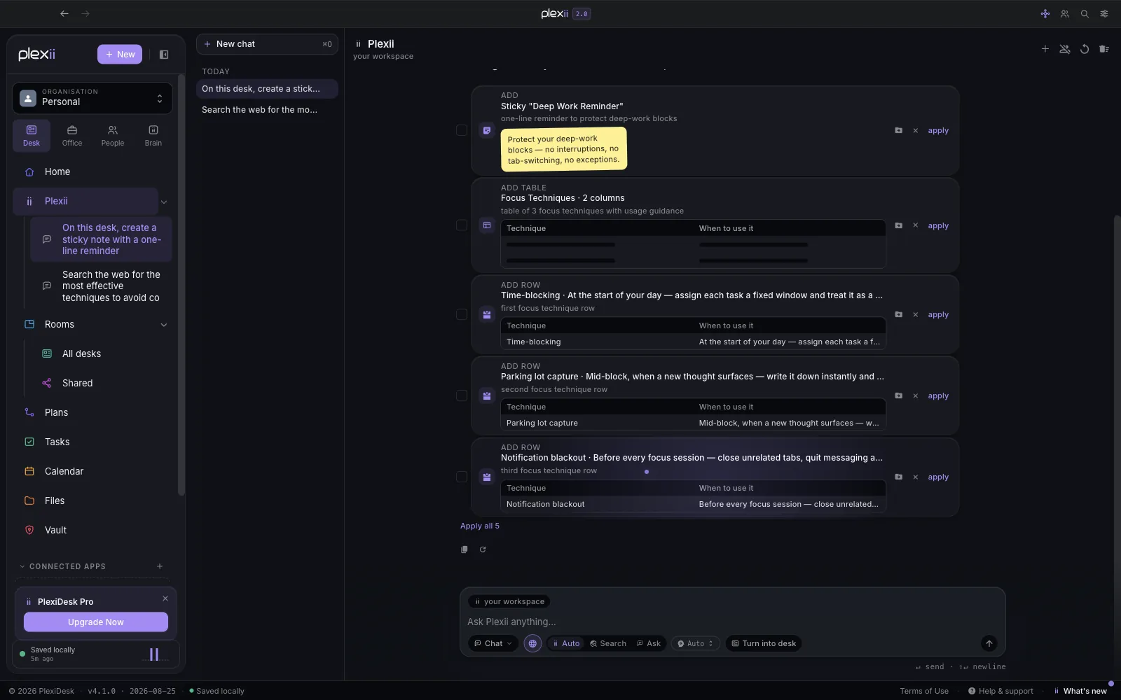 Plexii proposing changes as cards, each with Apply, and an Apply all button