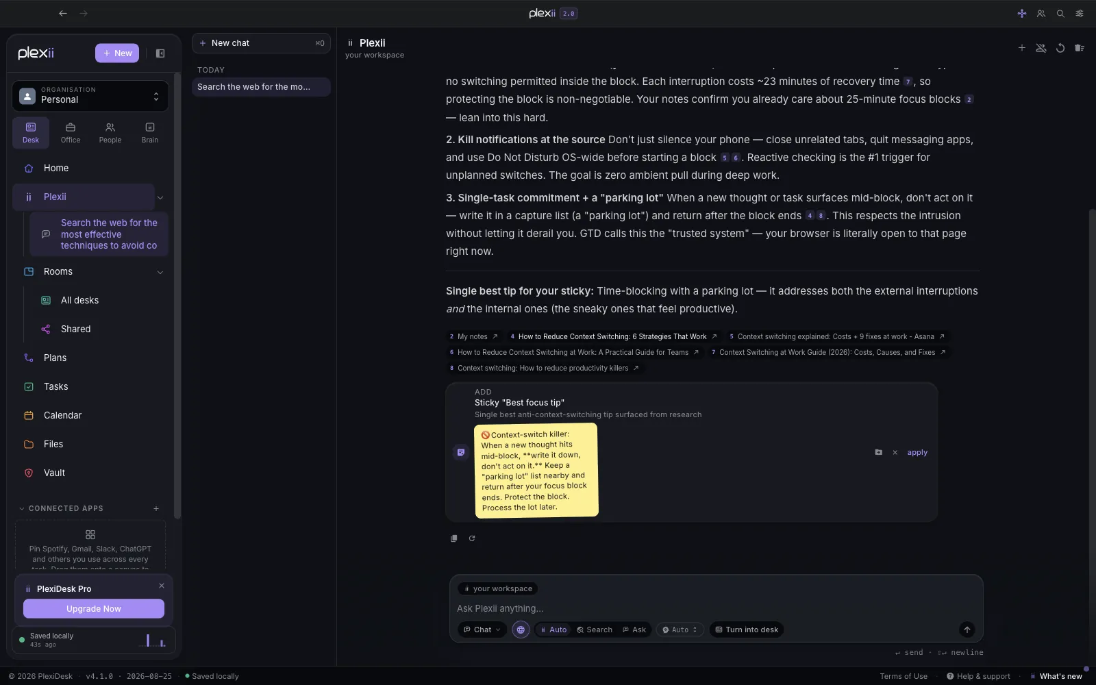 A Plexii answer with the trace of sources it read and the web results it used