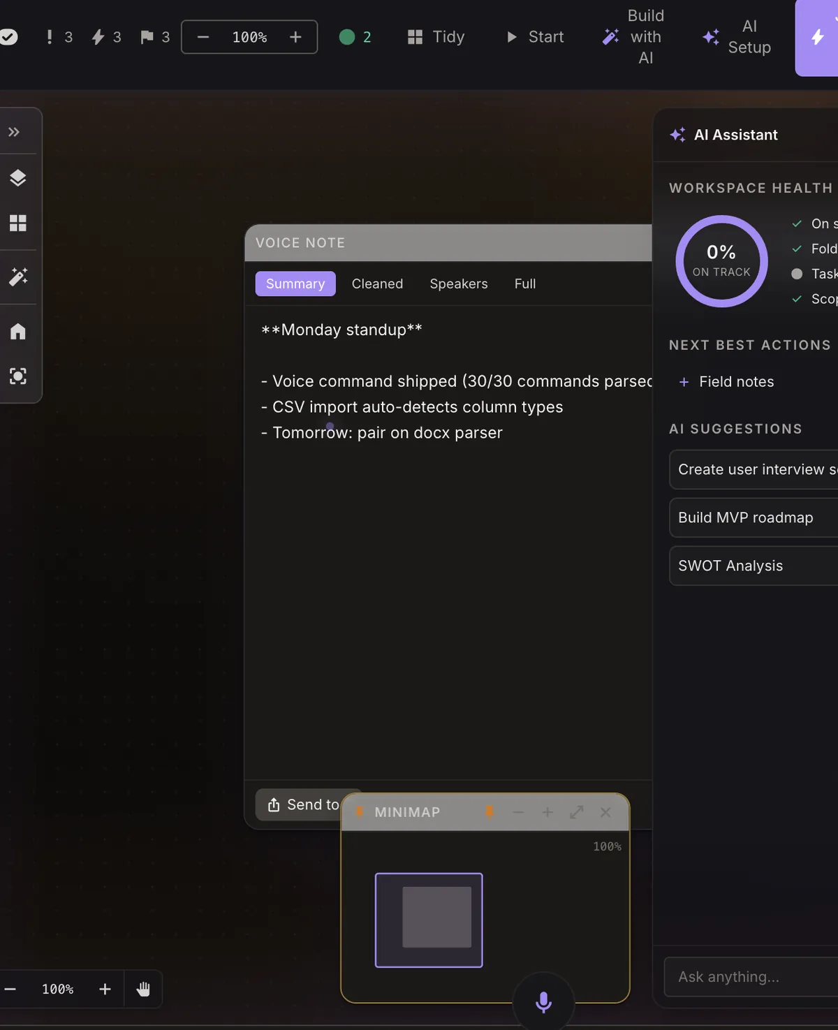 Voice note widget with summary, cleaned, speakers and full transcript modes