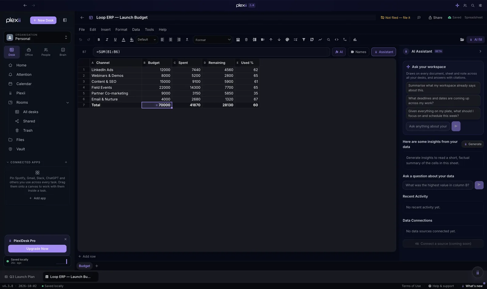 A budget spreadsheet with live formulas and the AI assistant panel