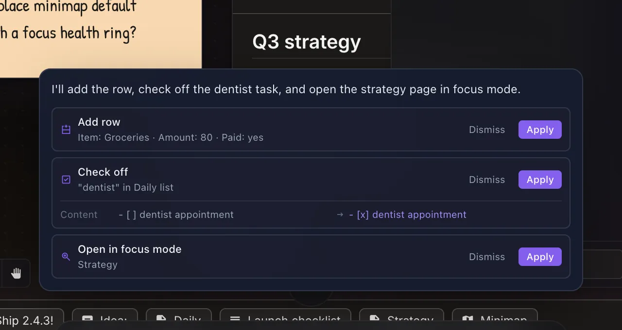 Voice command results: three proposed changes, each with Apply or Dismiss