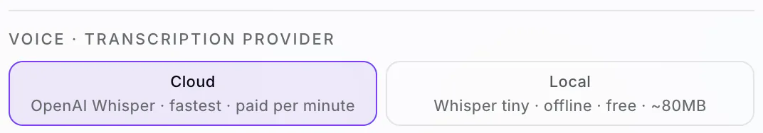PlexiDesk screenshot: Choose how speech is transcribed: Cloud or Local