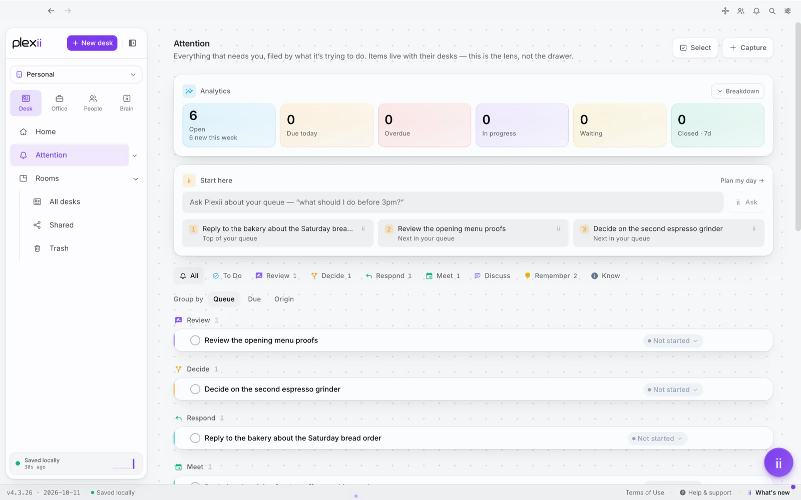 PlexiDesk screenshot: Attention: everything that needs you