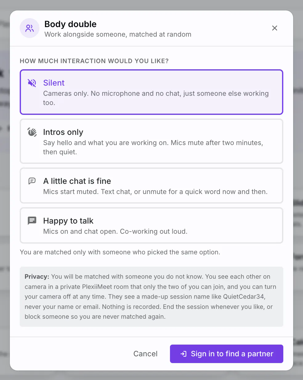 PlexiDesk screenshot: Body doubling: work alongside someone