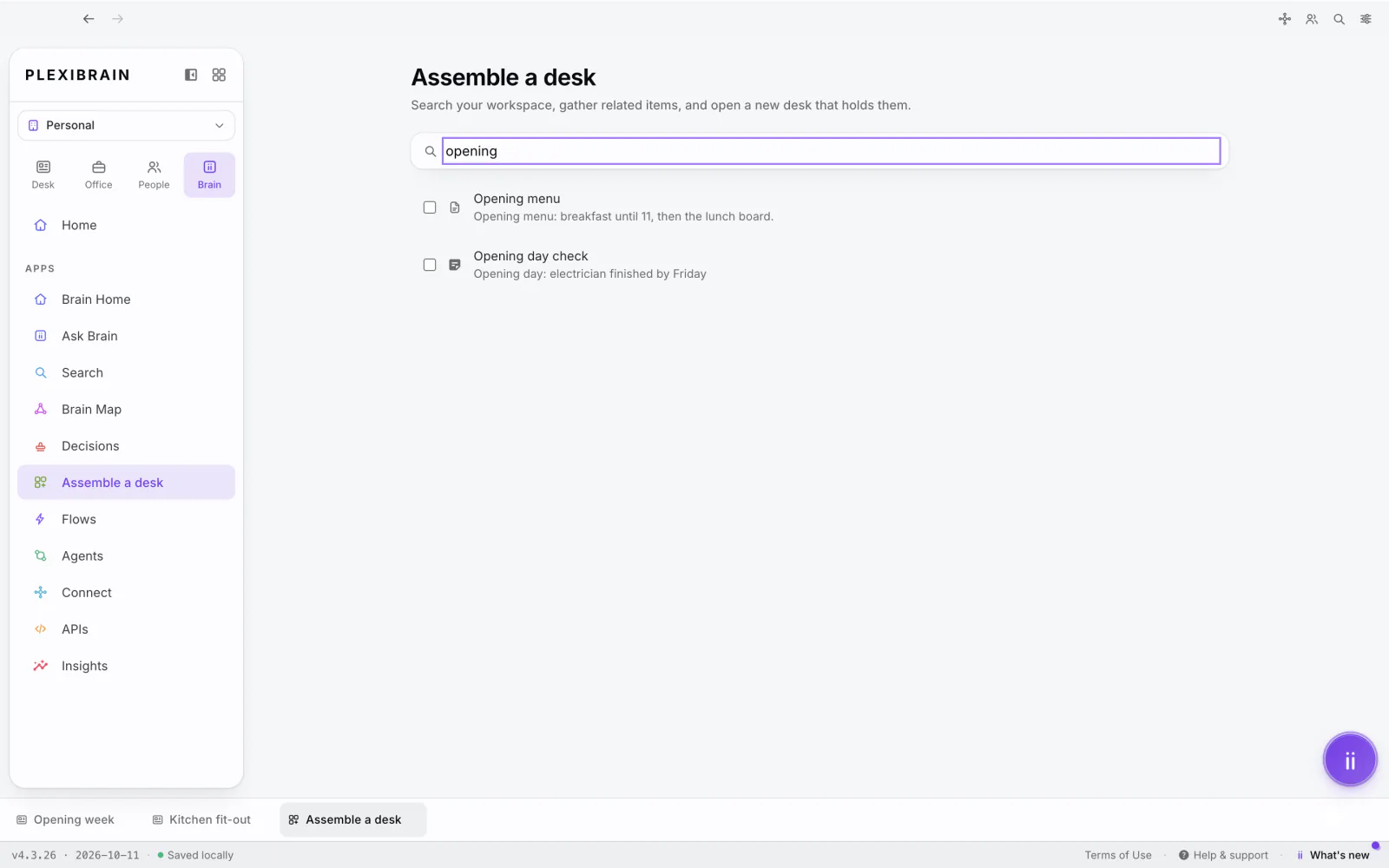 PlexiDesk screenshot: Assemble a desk from across your workspace