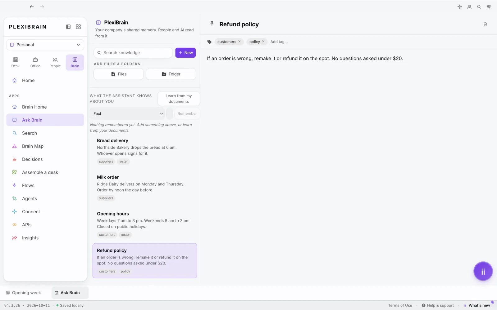 PlexiDesk screenshot: Build your knowledge base in Ask Brain