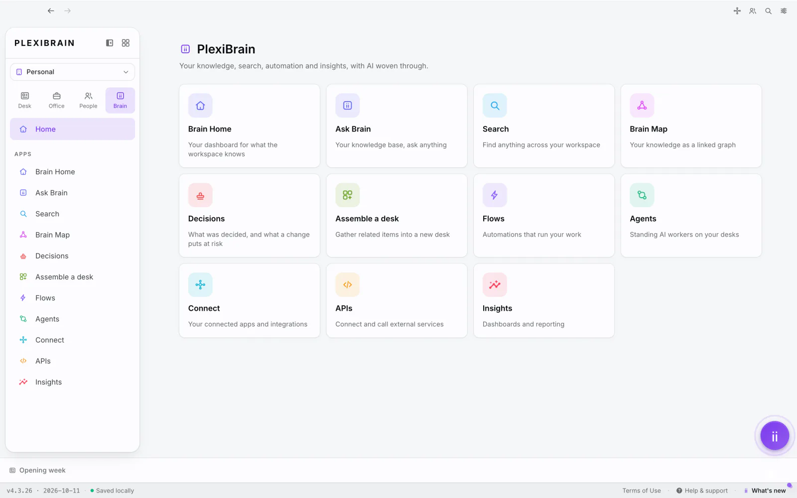 PlexiDesk screenshot: Brain: your workspace knowledge