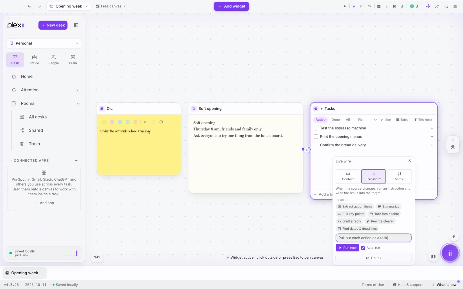 PlexiDesk screenshot: Link widgets and set up wires