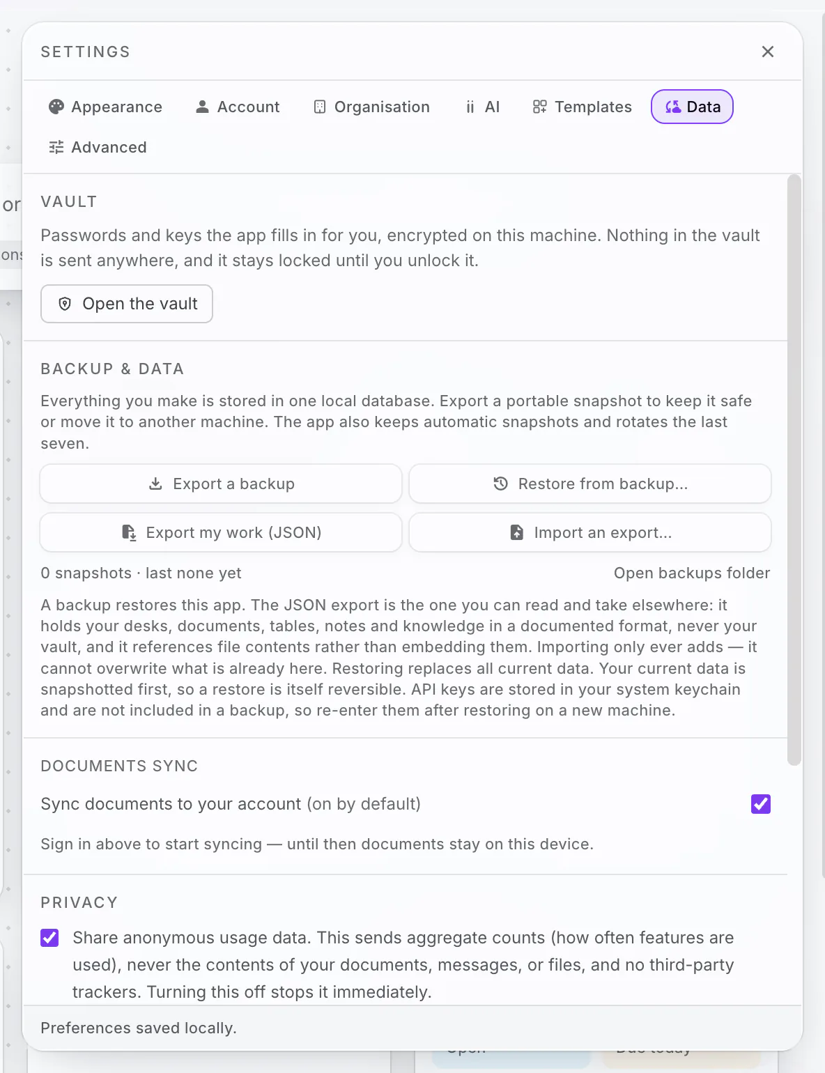 PlexiDesk screenshot: Back up and restore your workspace