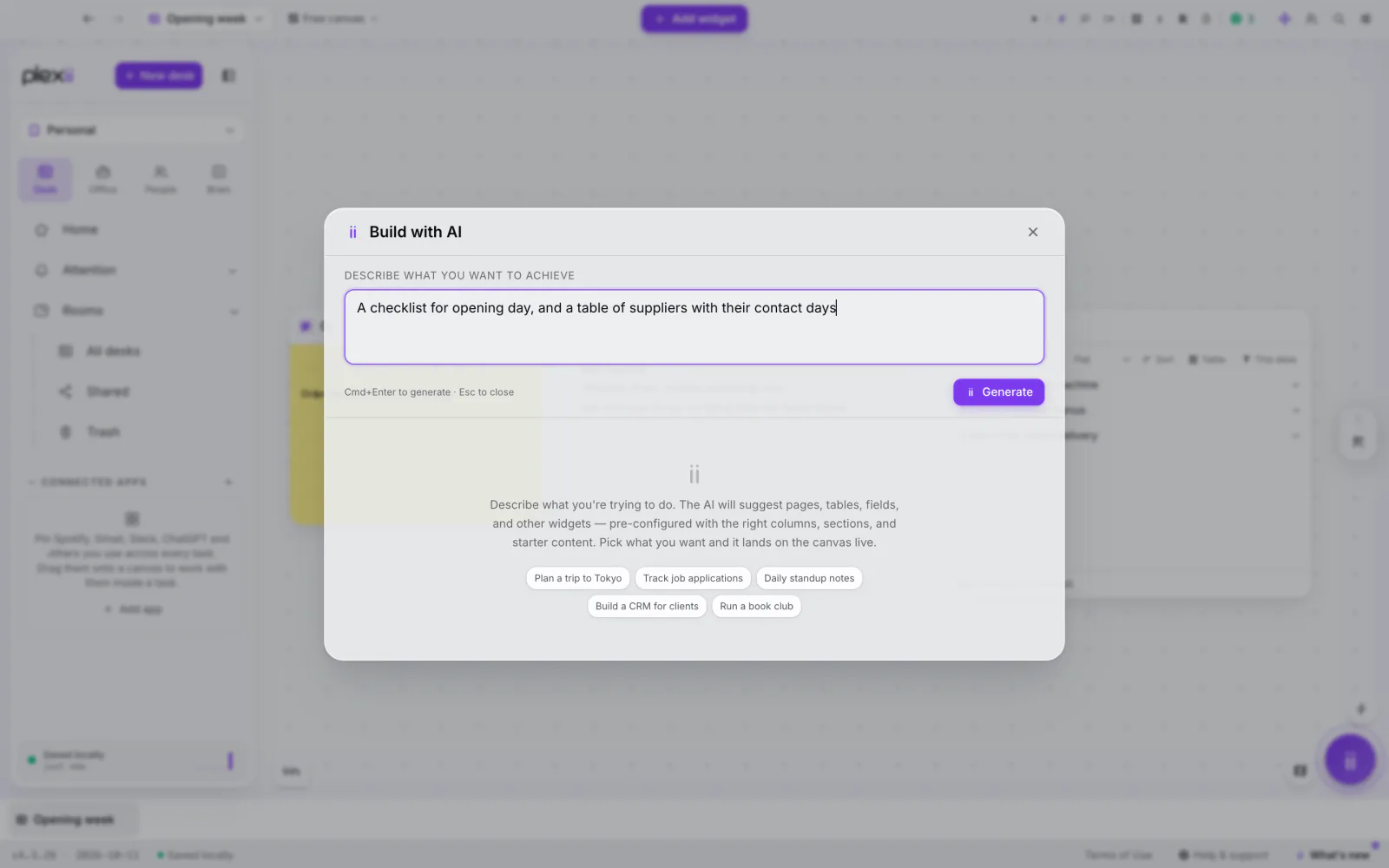 PlexiDesk screenshot: Set up a desk with AI