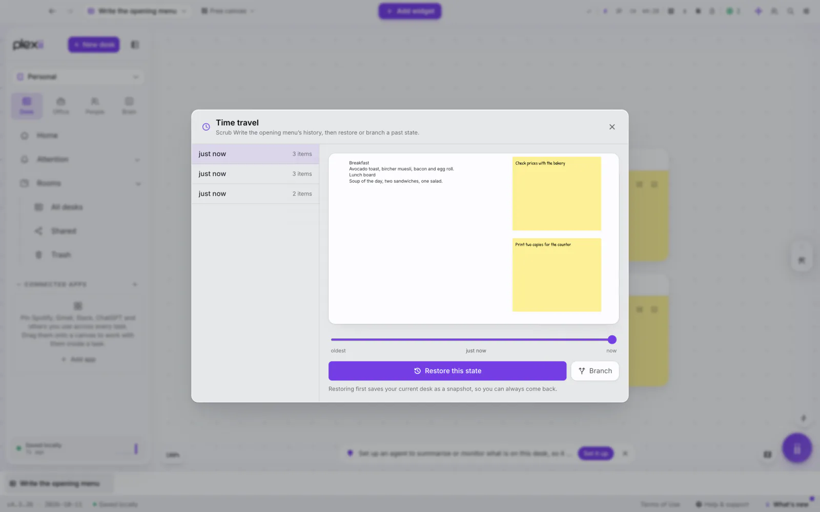PlexiDesk screenshot: Restore or branch a desk from its history
