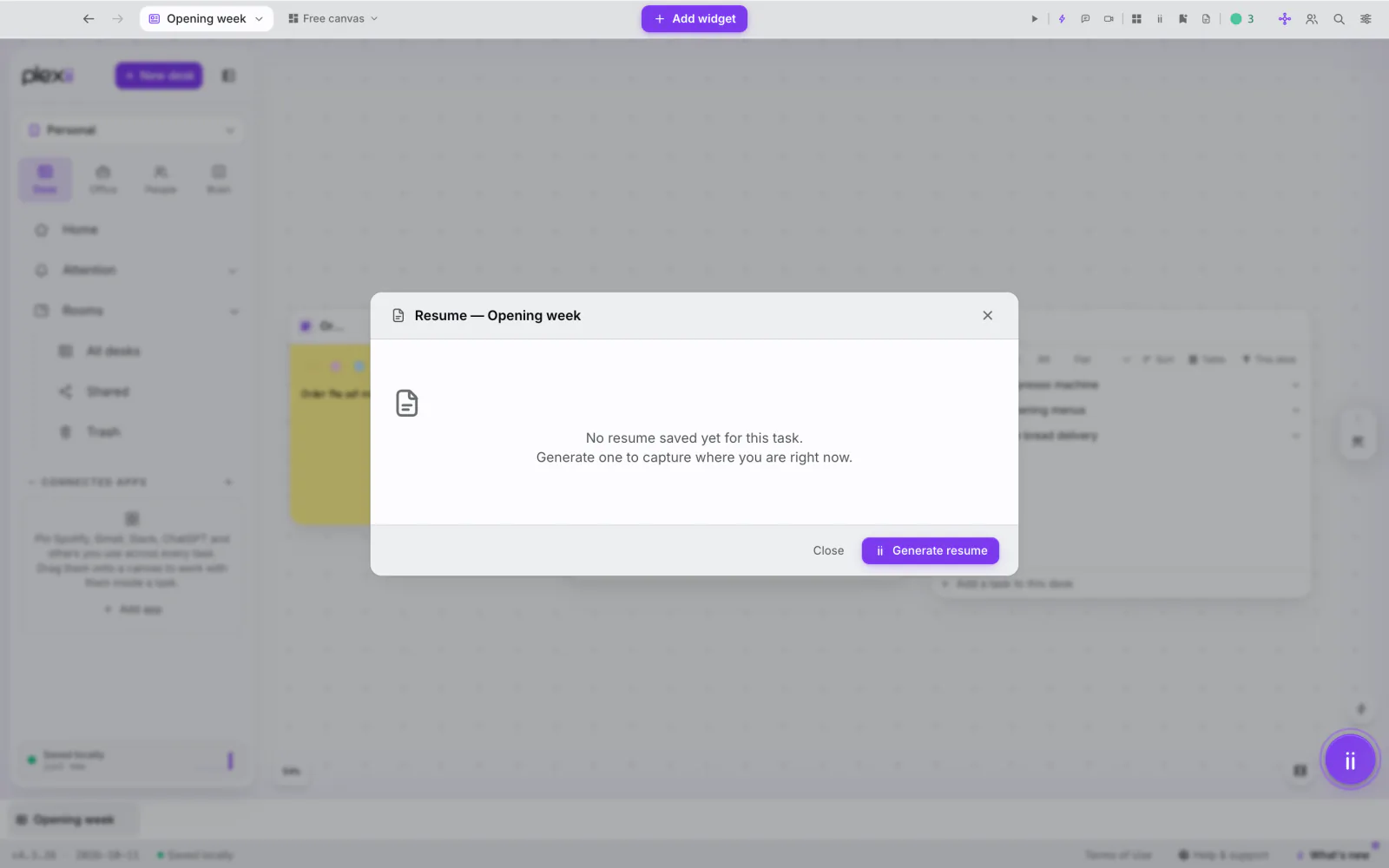 PlexiDesk screenshot: Write a handoff note with Resume
