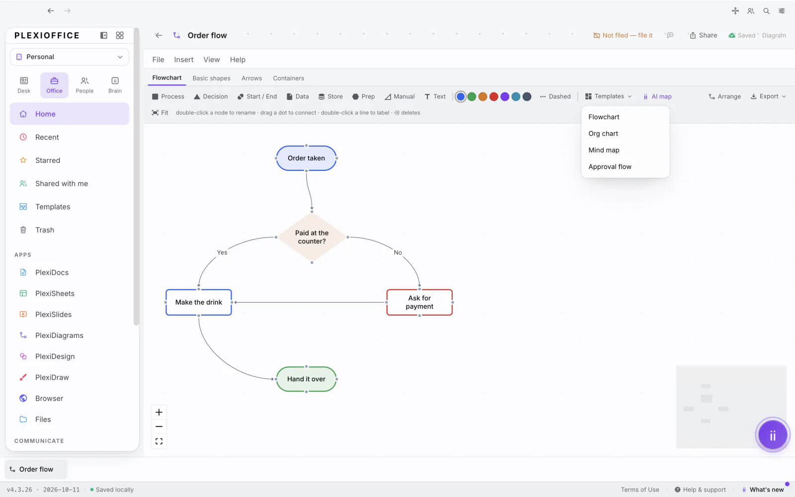 PlexiDesk screenshot: Start a diagram from a template or AI