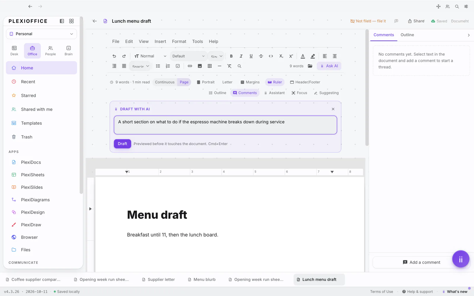 PlexiDesk screenshot: Draft and rewrite with AI in PlexiiDocs