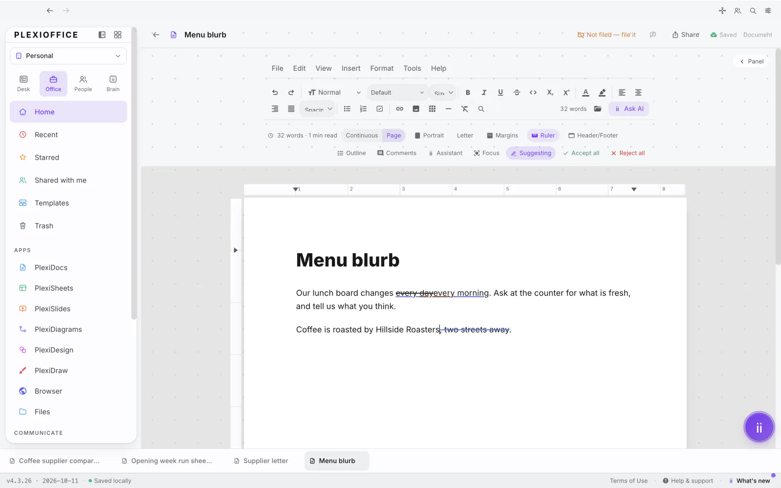 PlexiDesk screenshot: Suggest edits with track changes