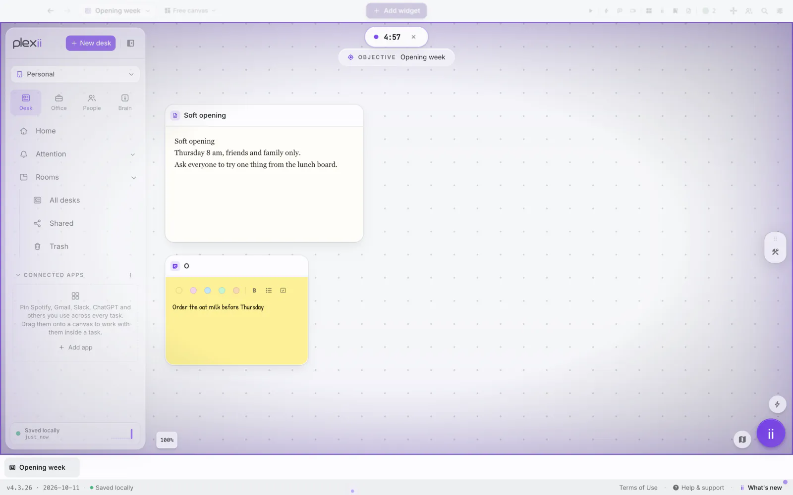 PlexiDesk screenshot: Welcome back: pick up where you left off