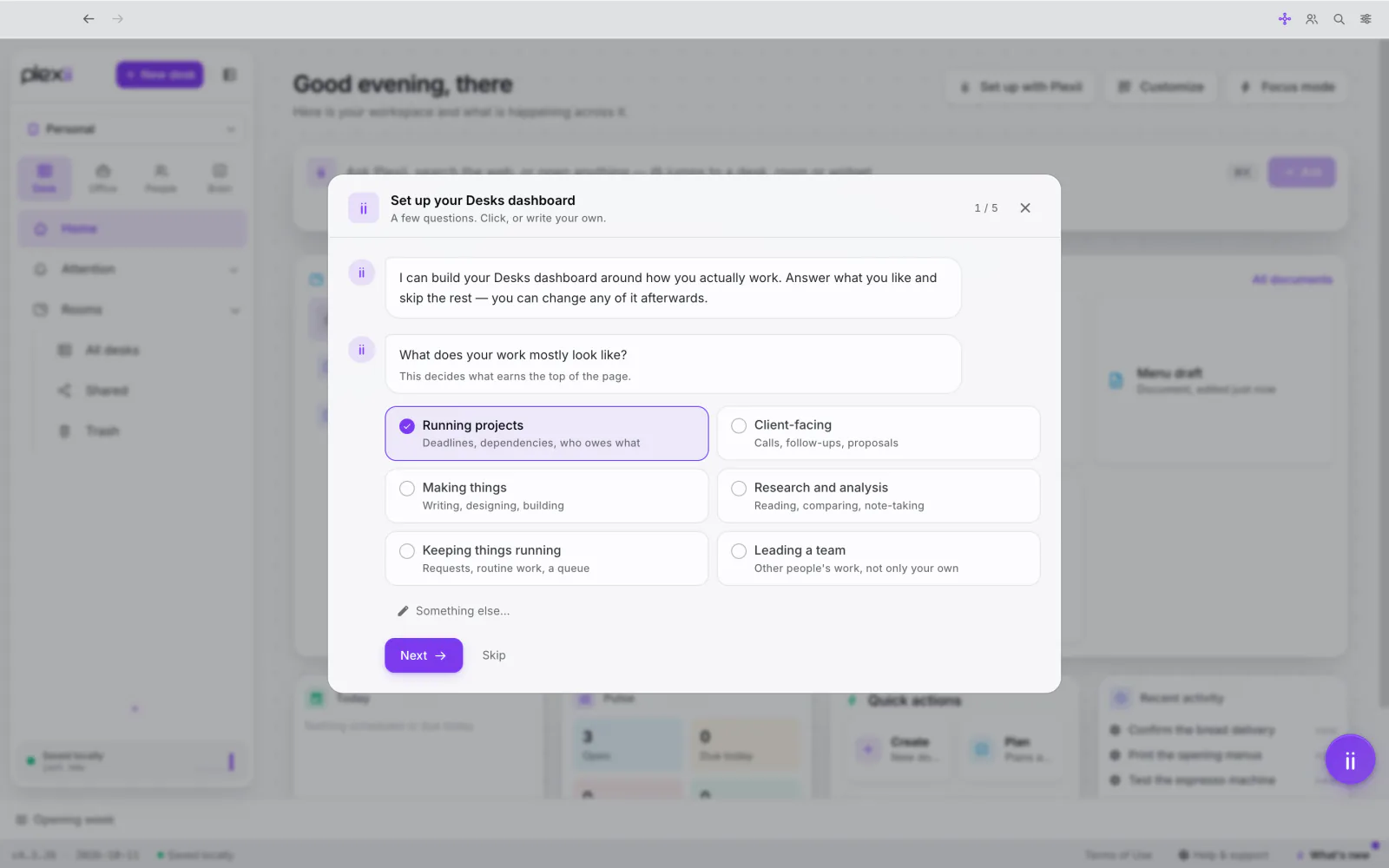 PlexiDesk screenshot: Set up a dashboard with Plexii