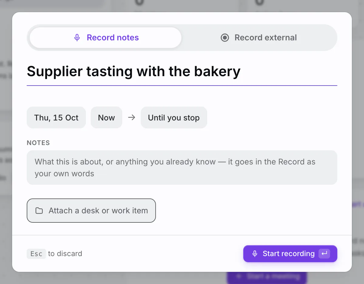 PlexiDesk screenshot: Meeting wrap-up and records