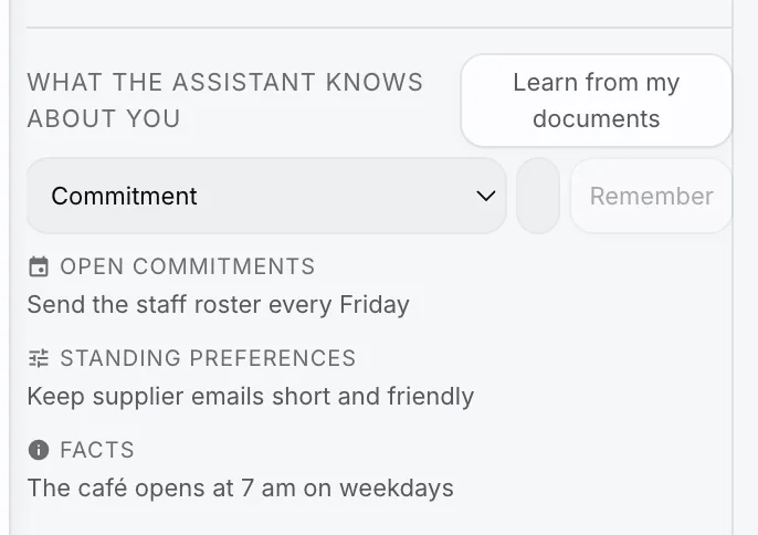PlexiDesk screenshot: What Plexii remembers about you