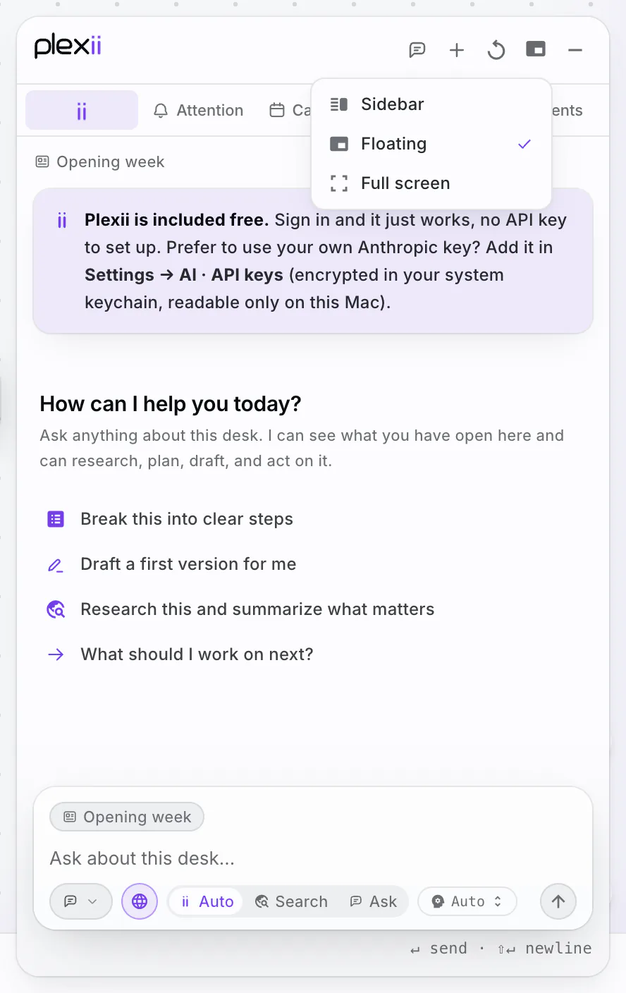PlexiDesk screenshot: Catch up with 'What was I doing?'
