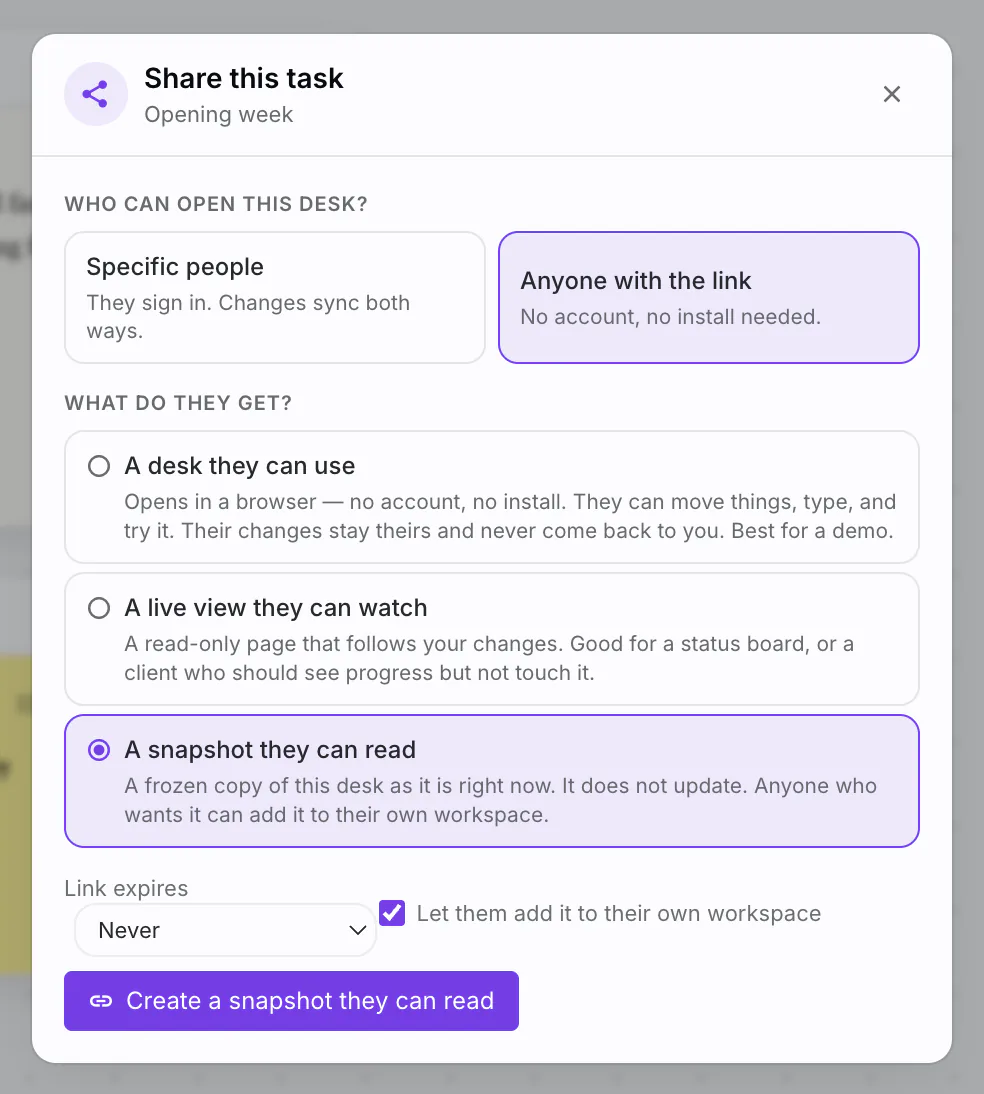 PlexiDesk screenshot: Publish a live view of a desk