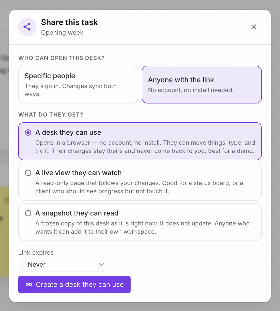 PlexiDesk screenshot: Share a desk with specific people