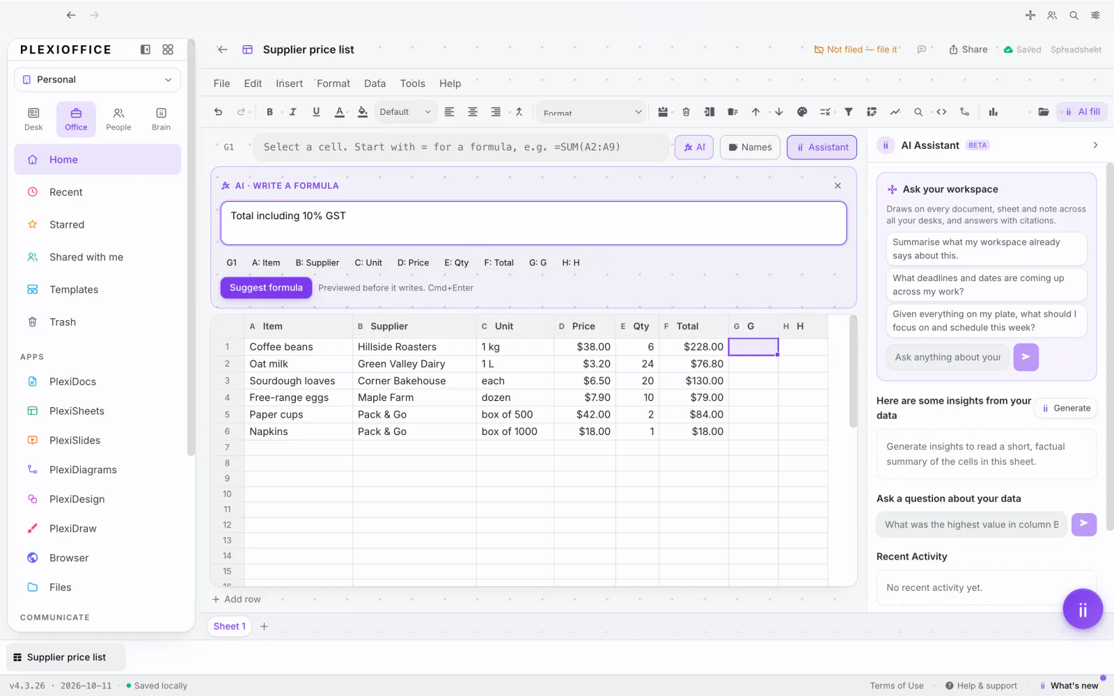 PlexiDesk screenshot: Describe a calculation, get a formula