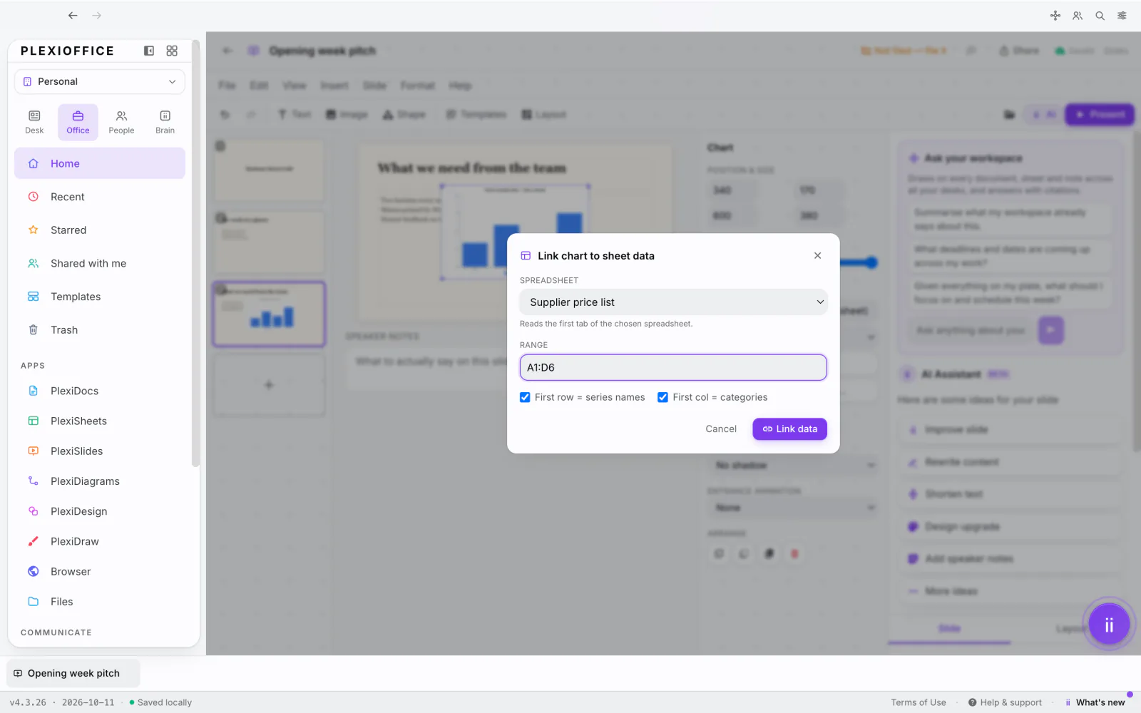 PlexiDesk screenshot: Charts linked to a spreadsheet