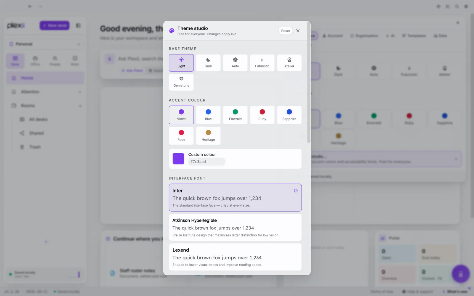 PlexiDesk screenshot: Theme studio: fonts, text size, density and canvas look