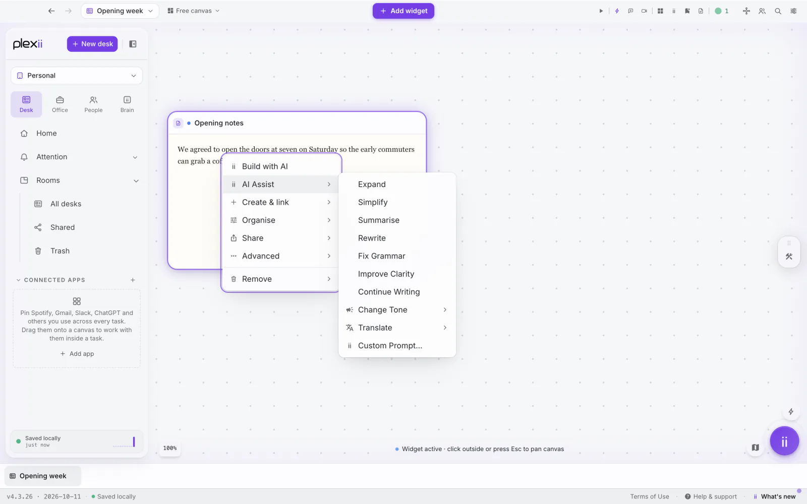 PlexiDesk screenshot: AI Assist: rewrite, summarise and translate text