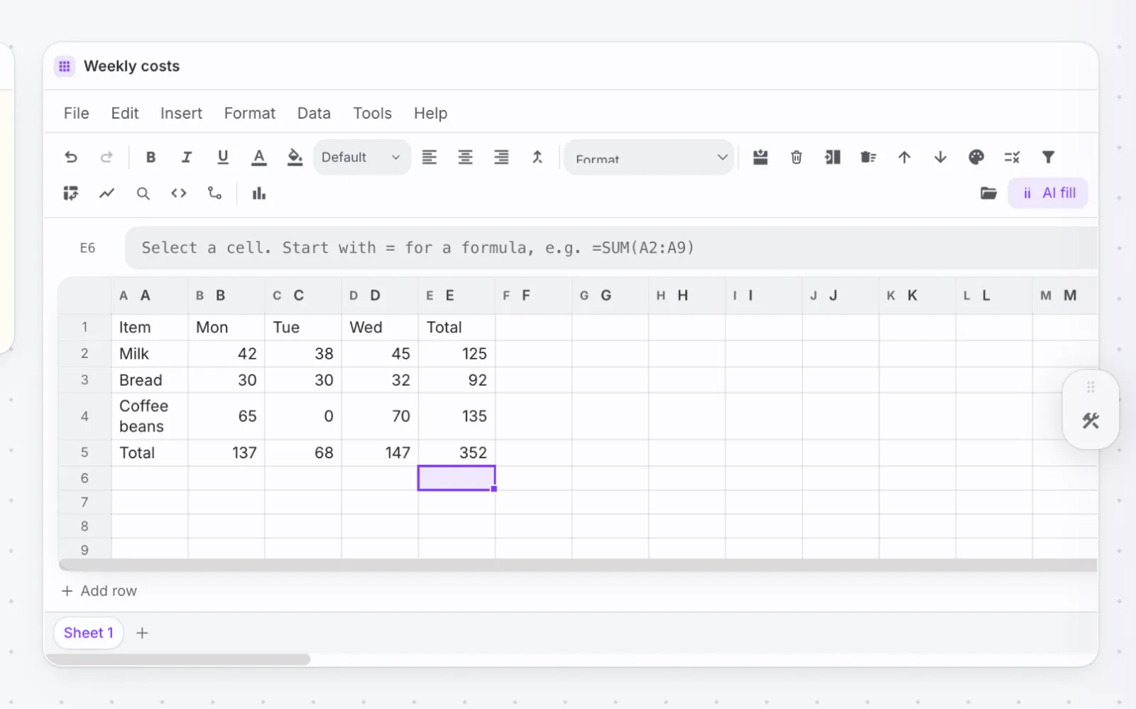 PlexiDesk screenshot: Spreadsheet widget