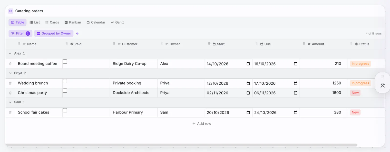 PlexiDesk screenshot: Filter and group table rows