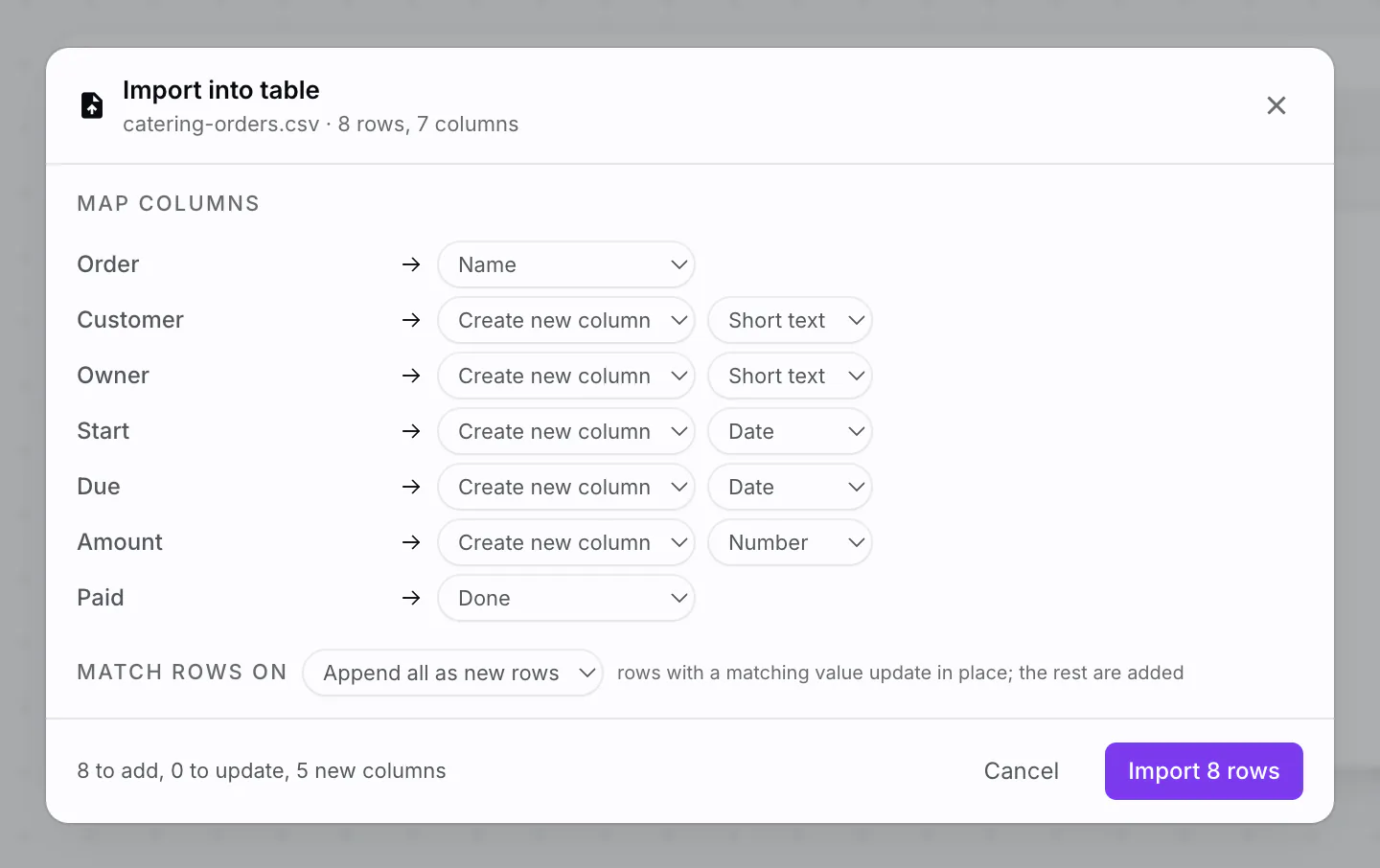 PlexiDesk screenshot: Import CSV, JSON or Excel into a table